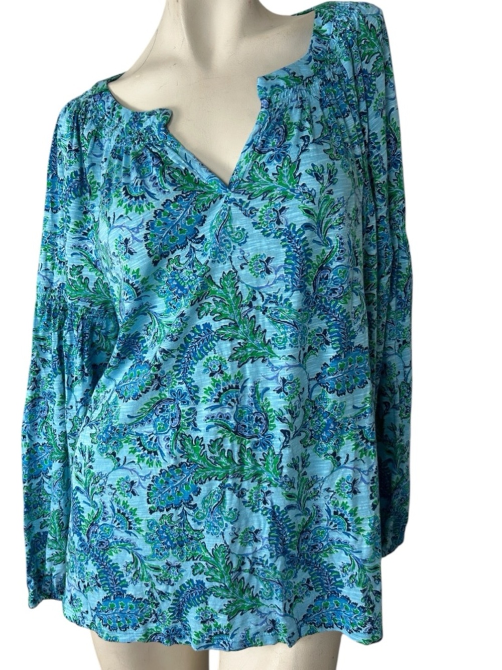 J. Jill Paisley Floral Top Large Tall Blue Green Boho Long Sleeve Blouse Stretch - Picture 7 of 7